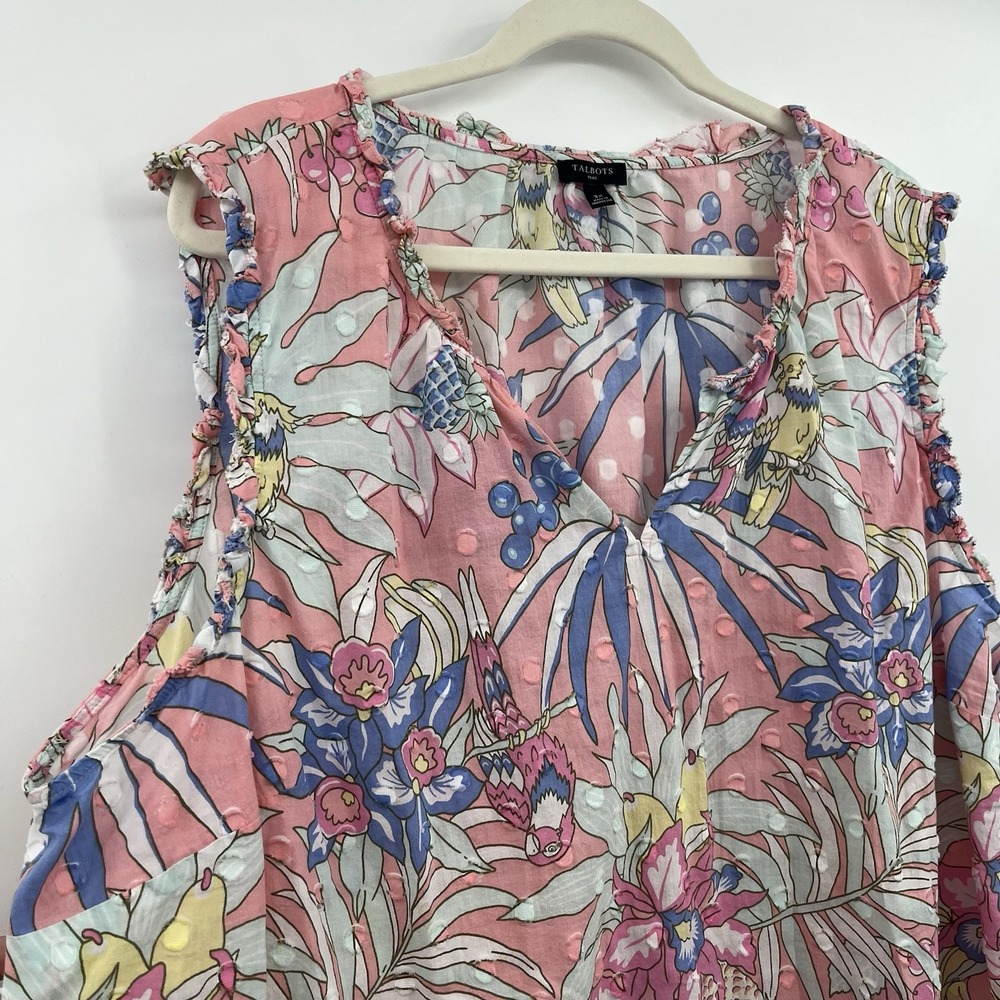 Women's Blouse Talbots 3X Pink Resort Wear Vacation L Palm Birds Novelty Print - Picture 2 of 10